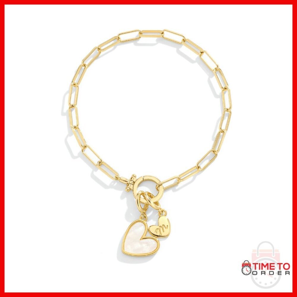 18K Gold Plated Mother of Pearl Heart Initial Charm Bracelet Adjustable 7.5"